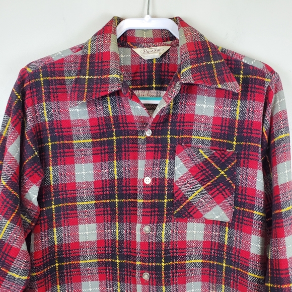 Vintage 1978 Prest Rite Red Plaid Flannel Button Up Shirt M Mens Pointed Collar! - Picture 2 of 14